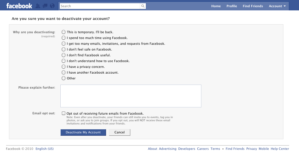 steps to deactivate Facebook account